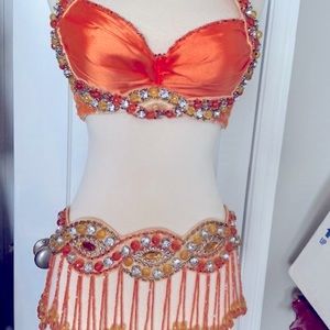 Orange Belly Dance Bra/Belt Set 34A/B XS- Mermaid, Cabaret Showgirl Burlesque